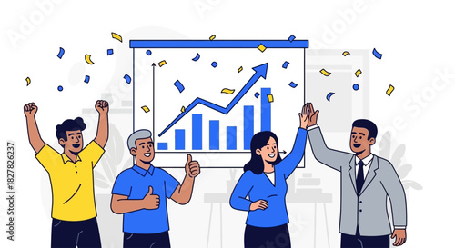 Diverse team celebrating business success with a rising graph and confetti.