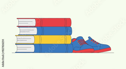 Illustration depicting a stack of colorful books next to a pair of blue sneakers.