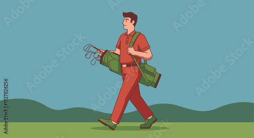 Golfer carrying golf bag walking on the green.