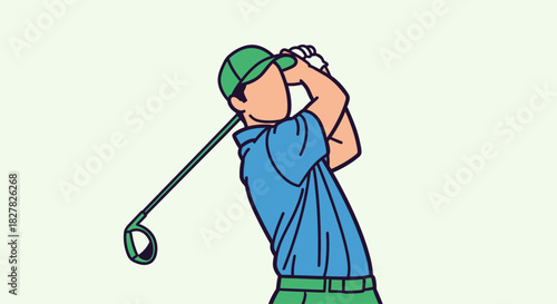 Golfer in mid-swing, wearing a green cap and blue shirt, preparing to hit the ball.