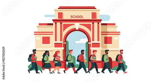 Illustration of students walking towards a school building with an archway entrance, carrying backpacks.