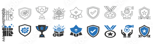 Reward and Achievement Icons Vector Set Line Style Badges, Medals, Awards and Trophies