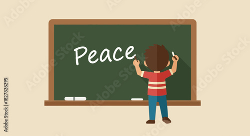 A young boy seen from behind writes the word 'Peace' with white chalk on a green classroom chalkboard.