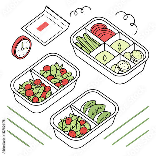 vector of weekly meal prep containers filled with healthy meals