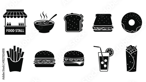 Grunge style food icons collection stalls sandwiches burgers and more
