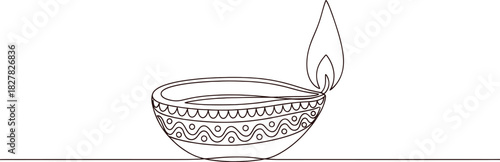 Diya lamp outline with lit flame, decorative patterns, symbolizing indian festivals and light