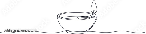 Elegant single line art illustration of a lit diya, an indian oil lamp, for diwali or spiritual themes