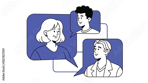 Diverse group video call illustration with speech bubbles and simple lines