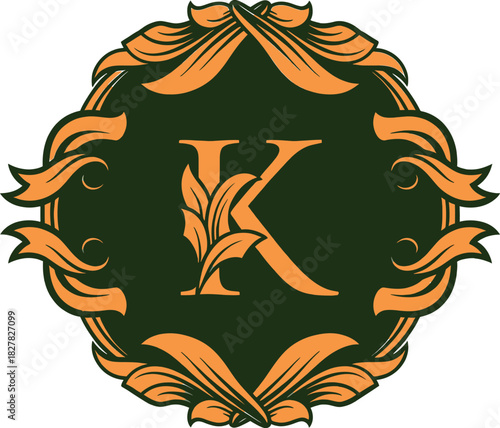 Elegant letter k logo featuring intricate orange floral and leaf motifs, framed by a decorative border on a dark green background, perfect for luxury branding