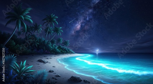 Magical tropical beach night with glowing waves and starry sky
