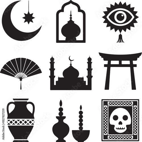 Cultural and Religious Symbols Diverse Collection Black and White Silhouette Icons