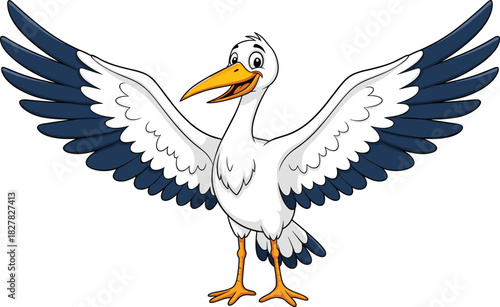 Cartoon bird with spread wings, cheerful animal character sketch, orange beak vector, expressive wildlife pose, educational illustration concept