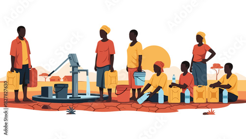 African People queued with containers at shared water point. Ideal for NGO, humanitarian resource access, and global equity themes