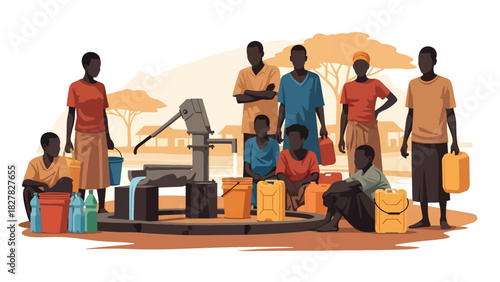 African People queued with containers at shared water point. Ideal for NGO, humanitarian resource access, and global equity themes
