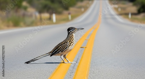 Bird stands on a long, empty highway with double yellow lines.