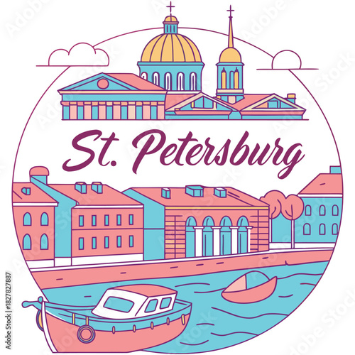 St. Petersburg Round Design with Historic Buildings, Canal and Boats – Retro City Illustration