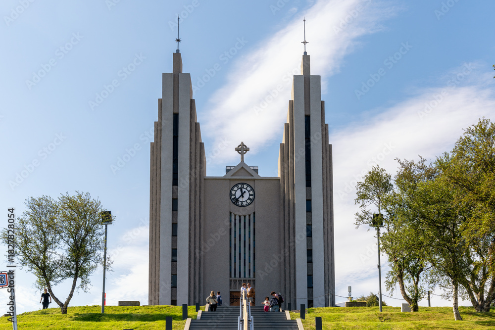 Fototapeta premium view of the modern Luthern Church in downtown Akureyri in North Iceland