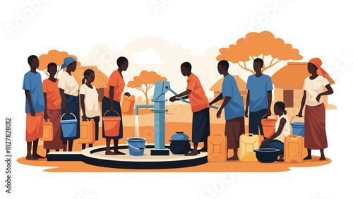 African People queued with containers at shared water point. Ideal for NGO, humanitarian resource access, and global equity themes