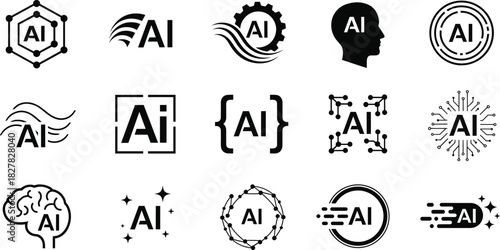 Large vector set of monochrome icons for Artificial Intelligence (AI), machine learning, digital technology, brain, and neural network symbols.