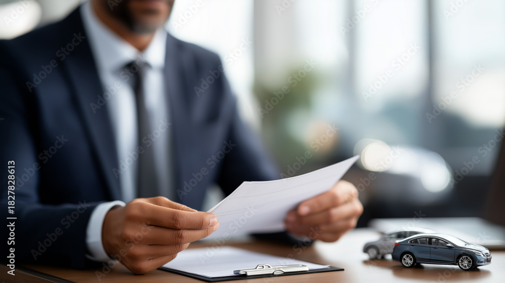 Fototapeta premium Professional in formal attire presenting vehicle insurance contract documents faceless businessman defocused desk background miniature automobile models symbolizing coverage