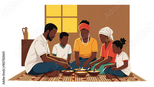 African Family gathered sharing simple food together. Suitable for unity, gratitude, resilience, and humanity themes
