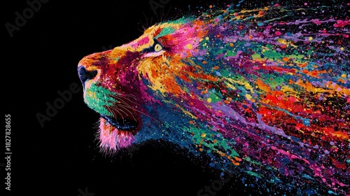 Bold Abstract Animal Painted with Colorful Splash Techniques on a Deep Black Backdrop
