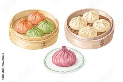 Watercolor Dumplings Jiaozi Vector Illustration, Traditional Chinese Food Art Isolated on White Background