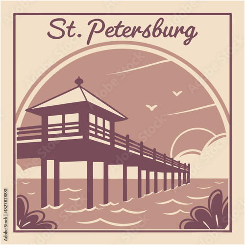 St. Petersburg Pier Design with Waves and Arch Frame – Minimal Retro Seaside Illustration