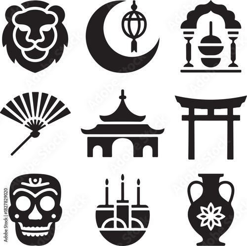 Cultural symbols and icons of different religions and ancient beliefs