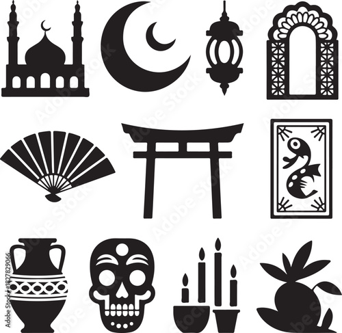 Cultural symbols icons diverse traditions mosque moon fan skull vase