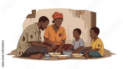 African Family gathered sharing simple food together. Suitable for unity, gratitude, resilience, and humanity themes