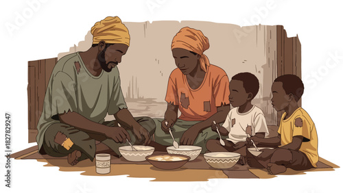 African Family gathered sharing simple food together. Suitable for unity, gratitude, resilience, and humanity themes