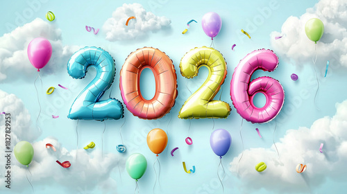 Bright cartoon balloons floating in the sky spelling 