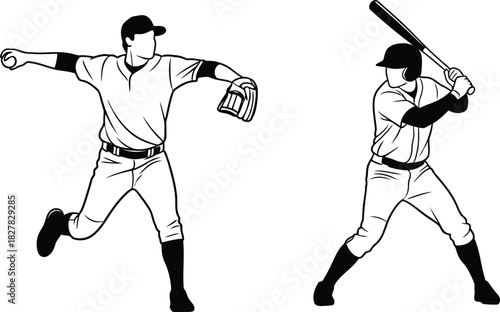 Baseball Players Pitching and Batting in Action - Simple Line Art Illustrations