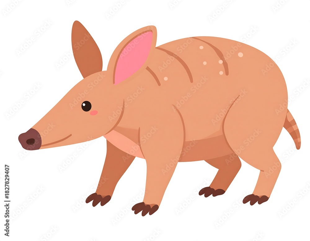 Fototapeta premium Cartoon aardvark, tan with pink ears, standing, side view on white background, with brown paws and sparse polka dots
