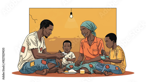 African Family gathered sharing simple food together. Suitable for unity, gratitude, resilience, and humanity themes