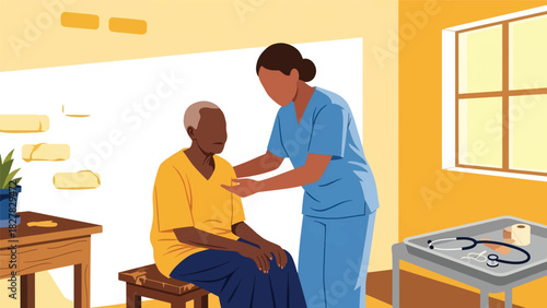 Health worker providing medical care in African small clinic. Suitable for humanitarian work, health access, and community support themes