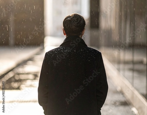 A solitary man walks away in the gentle rain, reflecting on his quiet journey through the urban