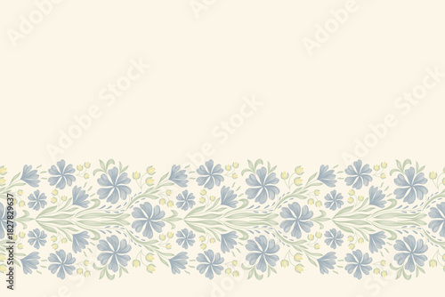 Vintage floral ethnic tapestry modern embroidery texture boho design vector illustration hand drawn silhouette indigo blue flower motif branches leaves wallpaper seamless background border.