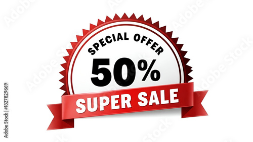 Red and White Super Sale 50 percent Discount Special Offer Badge with Ribbon Banner Isolated on White Background for Happy New Year 2026 Merry Christmas Eve Exclusive Unlimited Festival Big Deal Mega 