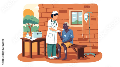 Health worker providing medical care in African small clinic. Suitable for humanitarian work, health access, and community support themes