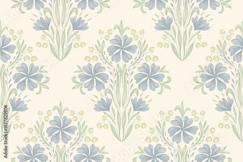 Vintage floral ethnic tapestry modern embroidery texture boho design vector illustration hand drawn silhouette indigo blue flower motif branches leaves wallpaper seamless background border.