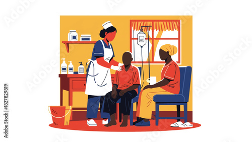 Health worker providing medical care in African small clinic. Suitable for humanitarian work, health access, and community support themes