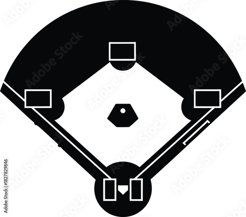 A clean and simple black and white vector illustration of a baseball field, showing the classic diamond layout from an aerial top-down perspective