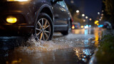 Vehicle drives through puddles after rain at night closeup defocused wet road background automobile tires water splash on asphalt extreme driving city storm lights reflection