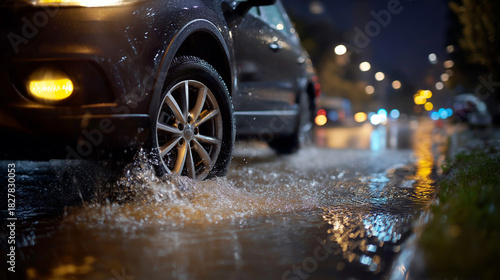 Vehicle drives through puddles after rain at night closeup defocused wet road background automobile tires water splash on asphalt extreme driving city storm lights reflection