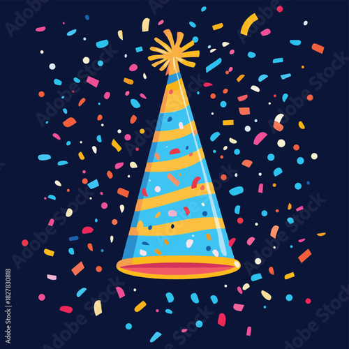 Vector illustration of a festive party hat, confetti stream, and New Year's Eve ball drop with lively design , vector style simple color