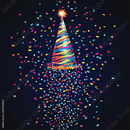 Vector illustration of a festive party hat, confetti stream, and New Year's Eve ball drop with lively design , vector style simple color