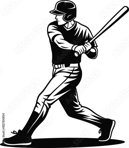 A professional baseball athlete in uniform and helmet swinging a bat, depicted in a bold black and white vector art style
