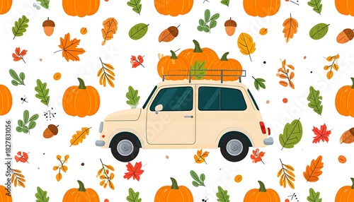 Beige car carries pumpkins on top, amid autumn leaves and acorns, on a white background